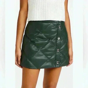 Staud Mini Skirt 6 Quilted Puff Faux Vegan Leather Green Snap Front Dice New S
